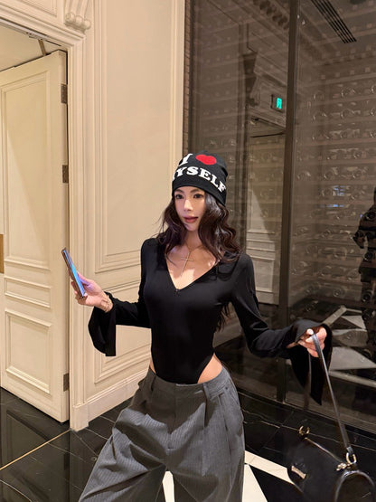 NA+ 性感歐美彈力拉鍊式連體衣 白/黑