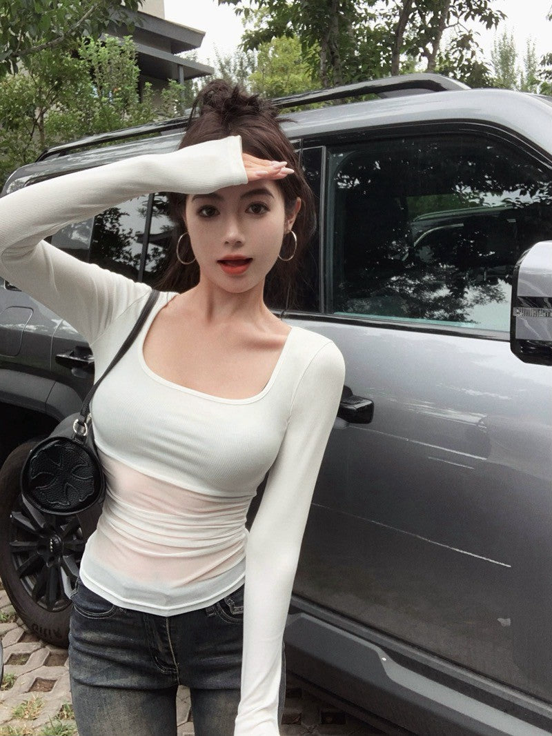 Na+ 極致方領顯瘦網紗拼接性感長袖上衣 白