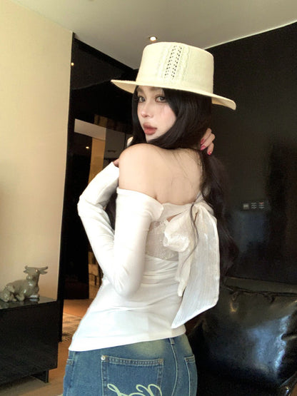 NA+ 辣妹半截縷空拼接露背綁帶上衣 白