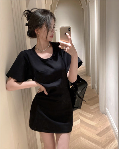 Na+ 鬆弛感收腰口袋T shirt裙 白/黑