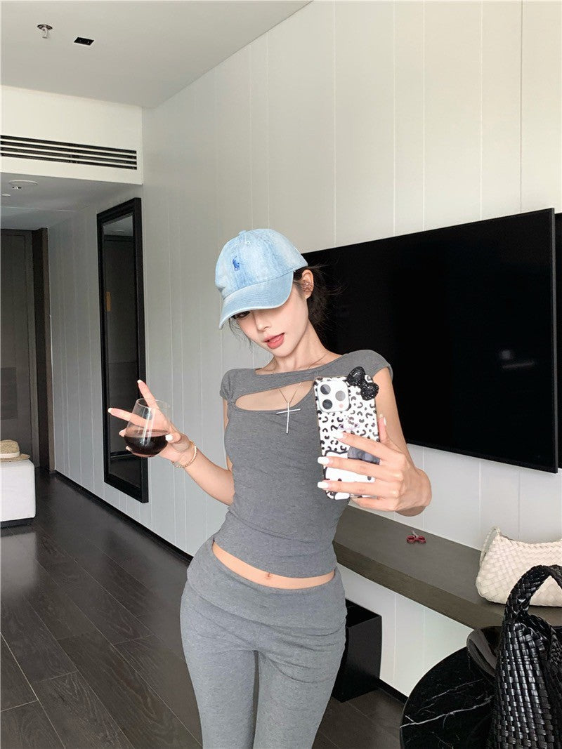 Na+ 人身辣tee 不規則縷空設計修身上衣 白/灰