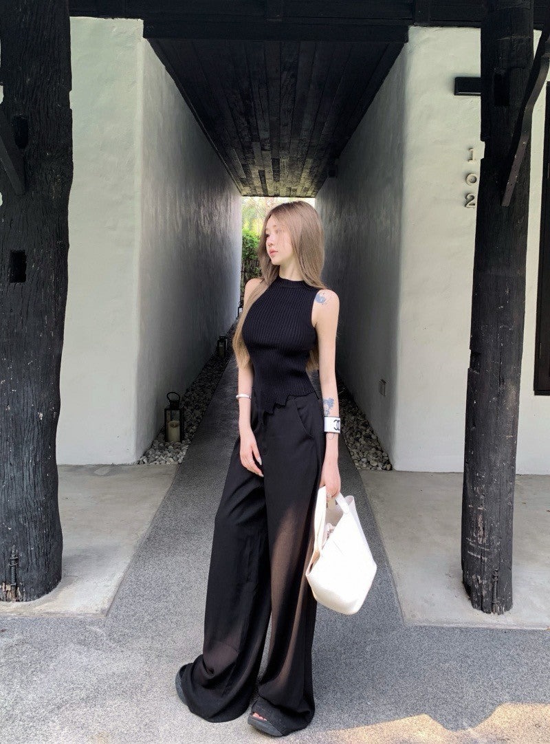 Na+ 不規則設計感針織背心 高腰通勤老錢休閒褲 黑