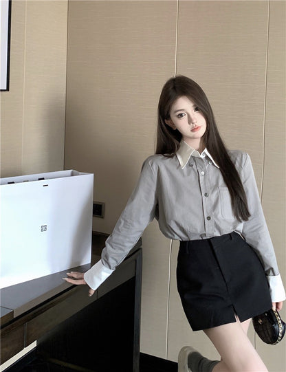 Na+ 職業往來～撞色假兩件式口袋襯衫 灰