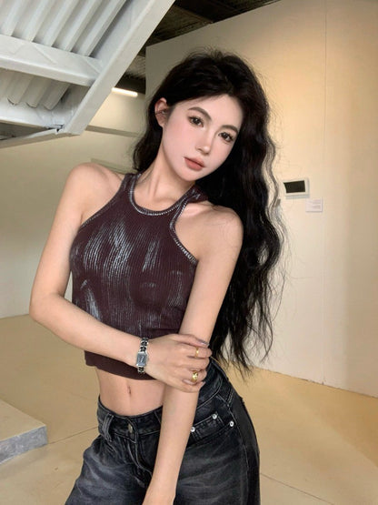 NA+ 手繪渣染彈力短款削肩背心 紅/咖