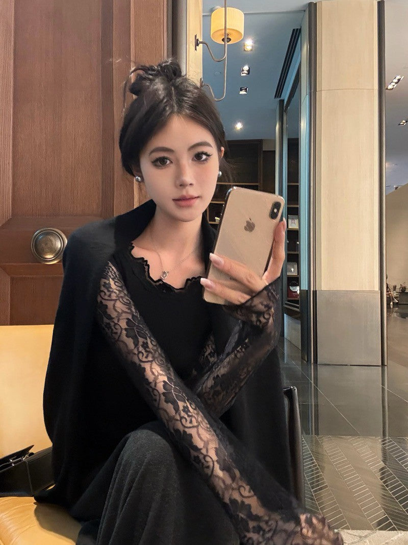 NA+ 不簡單打底蕾絲拼接針織上衣 白/黑