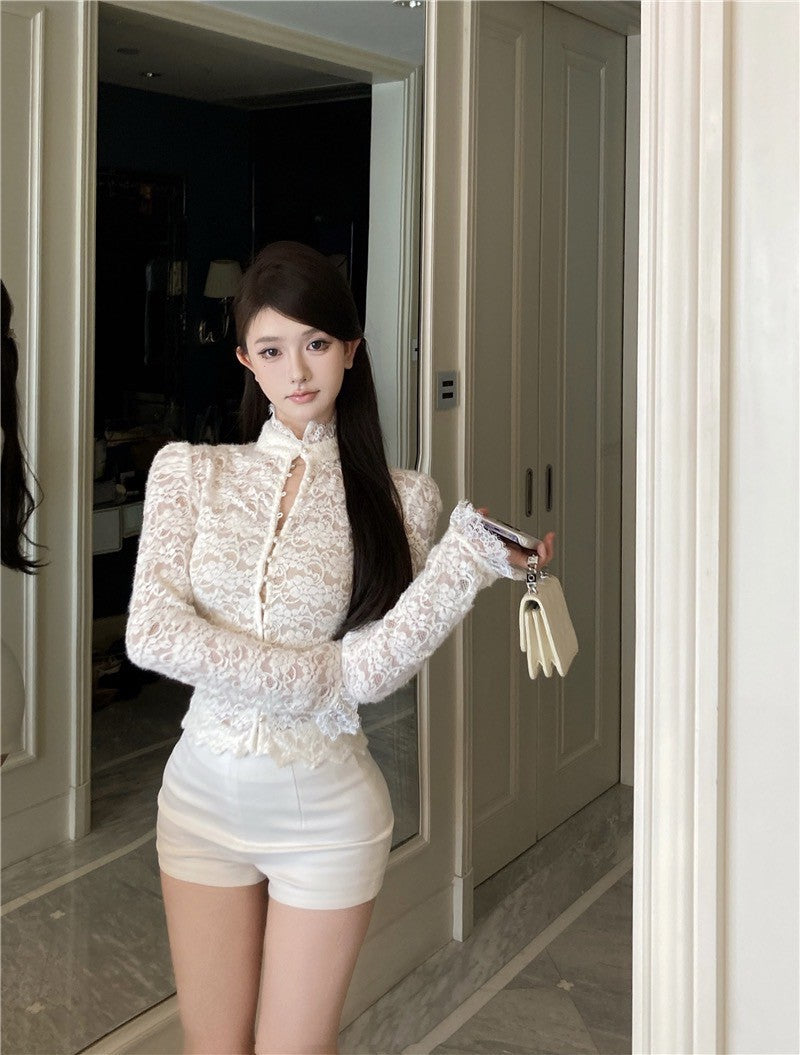 Na+ 中式立領性感顯瘦蕾絲上衣 奶白