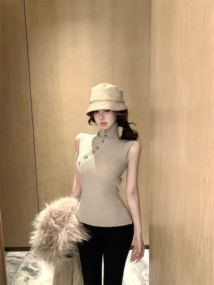 NA+ 香肩美人寶石釦針織高領背心 紅/杏