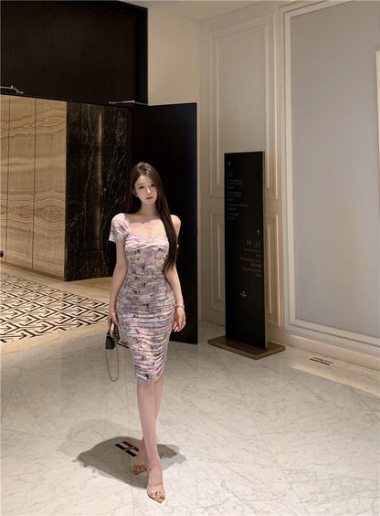 NA+ 漫野碎花極致純慾V領暈染連身裙 紫花