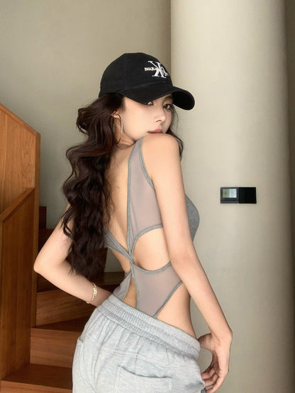 NA+ 歐美控的愛 設計款帶胸墊U領連體衣 白/灰