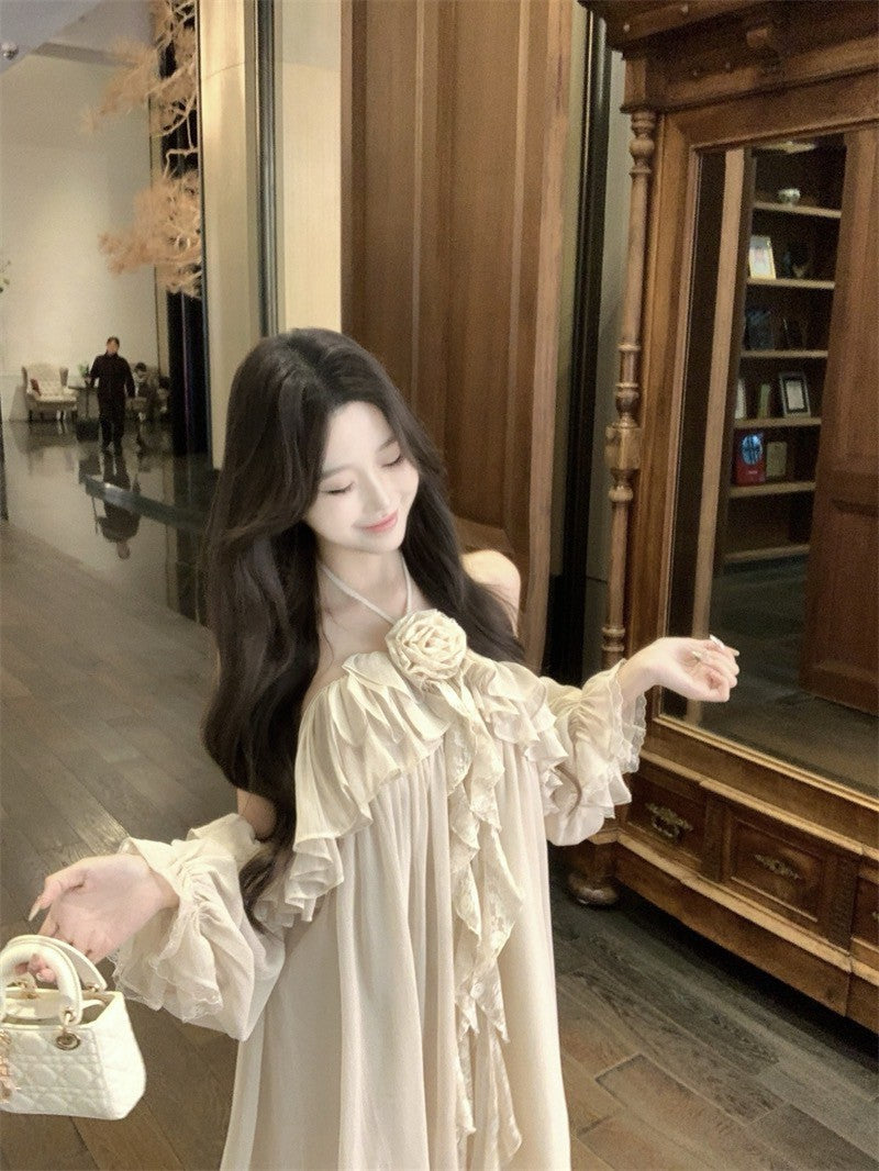 Na+ 精靈仙境夢幻法式荷葉掛脖連身裙 杏