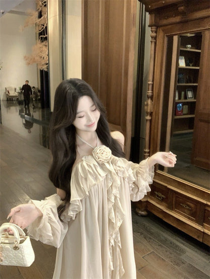 Na+ 精靈仙境夢幻法式荷葉掛脖連身裙 杏