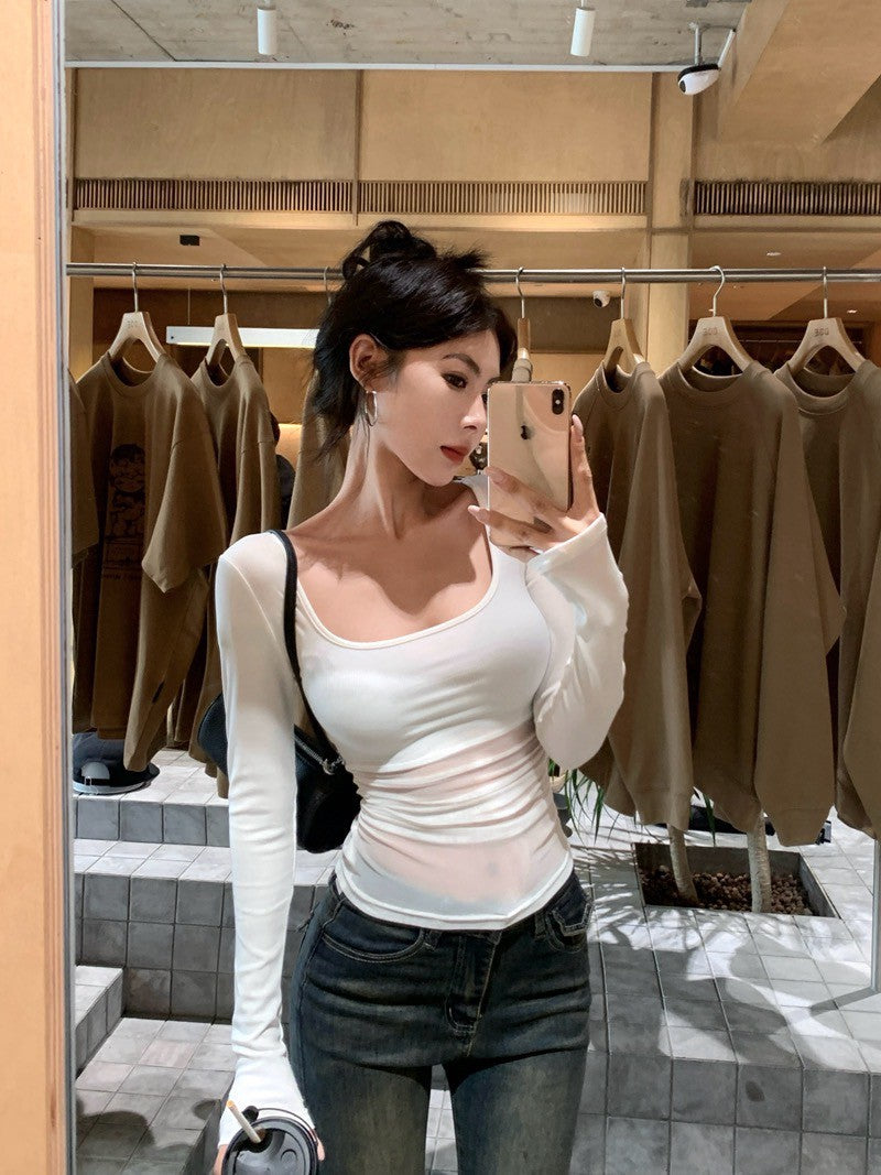 Na+ 極致方領顯瘦網紗拼接性感長袖上衣 白