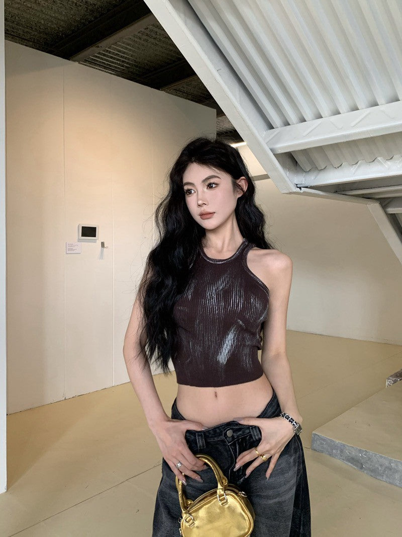 NA+ 手繪渣染彈力短款削肩背心 紅/咖