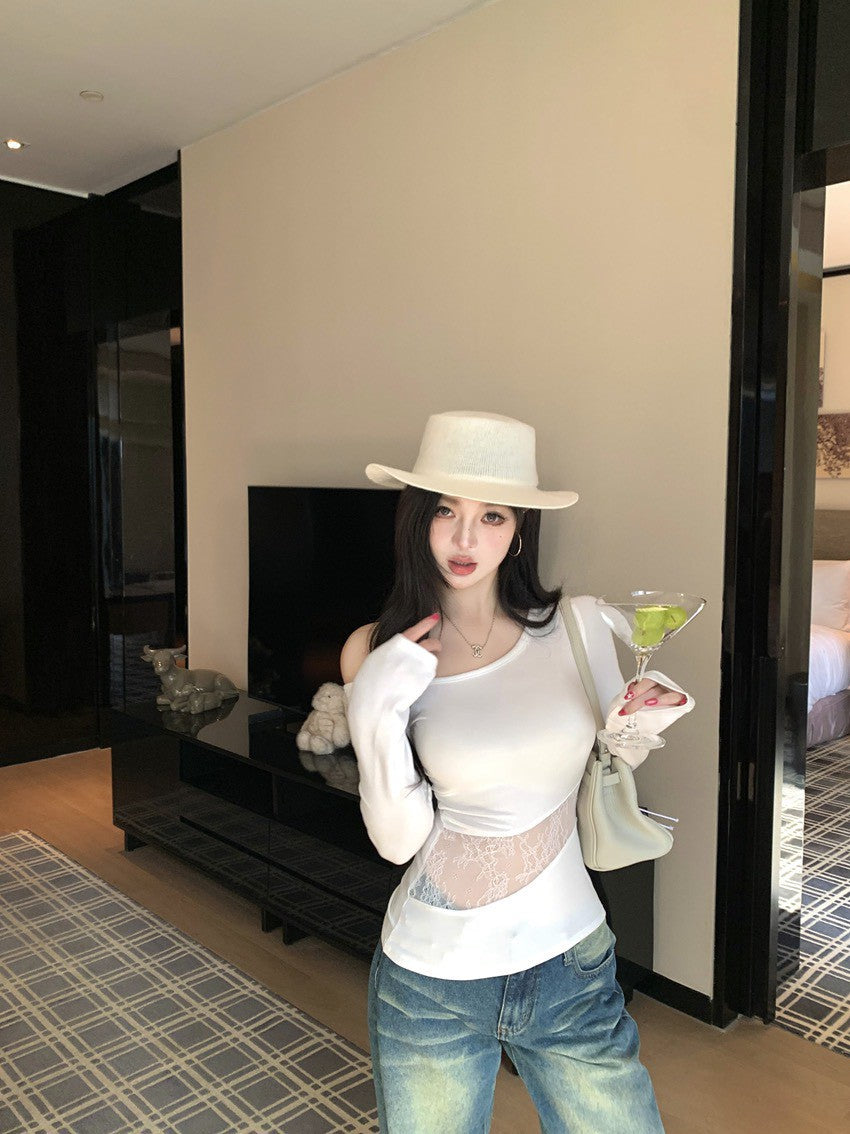 NA+ 辣妹半截縷空拼接露背綁帶上衣 白