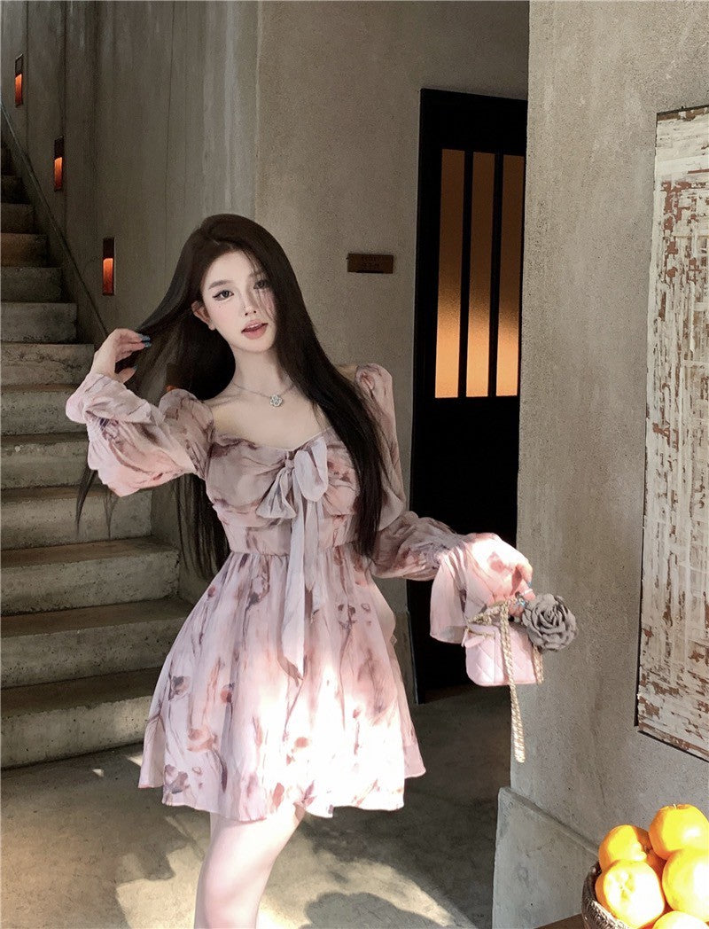 Na+ 甜美法式方領顯瘦碎花連衣裙 粉 兩款長度