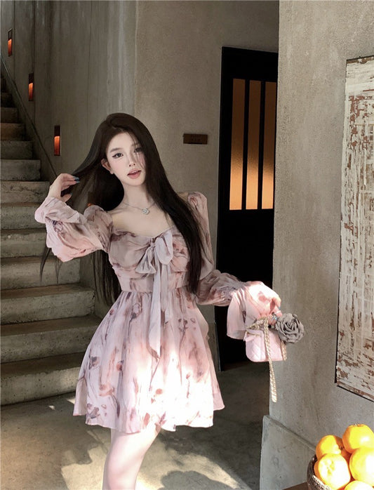 Na+ 甜美法式方領顯瘦碎花連衣裙 粉 兩款長度