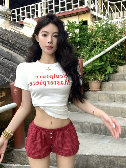 NA+ 辣妹正肩顯瘦圓領撞色字母上衣 白/紅