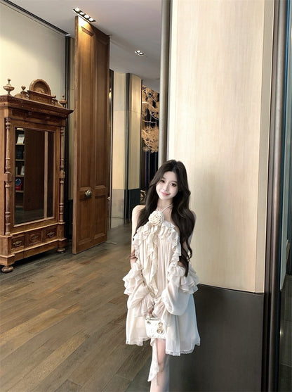 Na+ 精靈仙境夢幻法式荷葉掛脖連身裙 杏