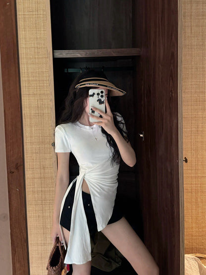 Na+ 簡約圓領側腰開叉顯瘦上衣 白