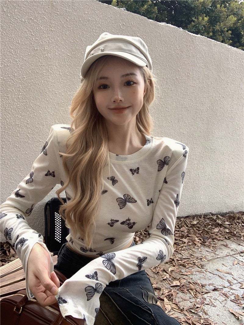 Na+ Lucky蝴蝶印花透視彈力上衣 杏