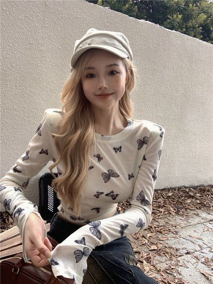 Na+ Lucky蝴蝶印花透視彈力上衣 杏