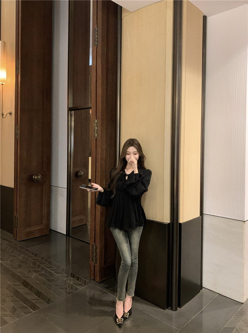 Na+ 法式氣質純色燈籠袖綁帶襯衫上衣 黑