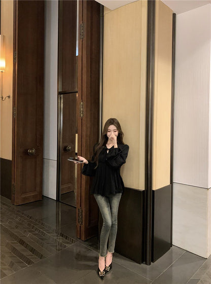 Na+ 法式氣質純色燈籠袖綁帶襯衫上衣 黑