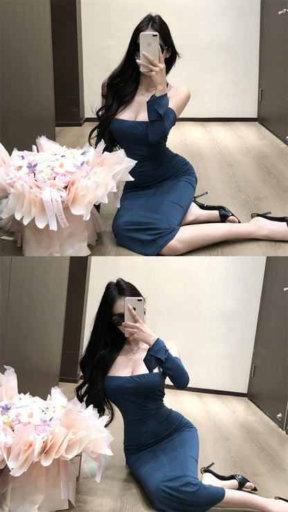 NA+ 極致美腰性感掛脖交叉綁腰彈力連身裙 黑/藍