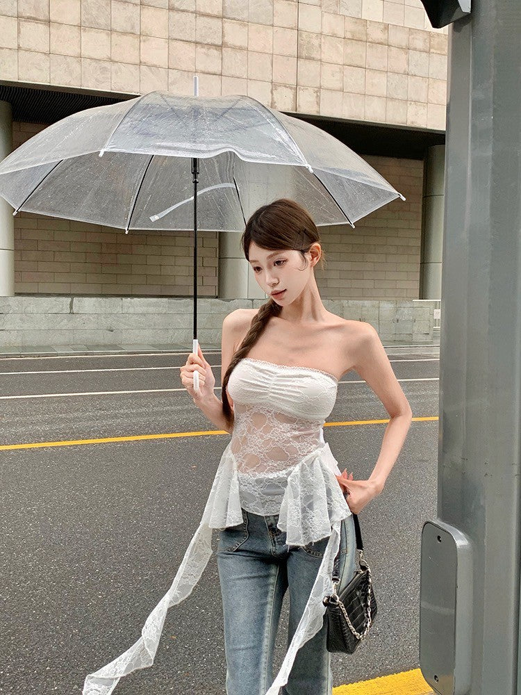 Na+ 帶胸墊半透蕾絲性感抹胸 白