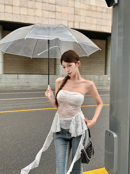 Na+ 帶胸墊半透蕾絲性感抹胸 白