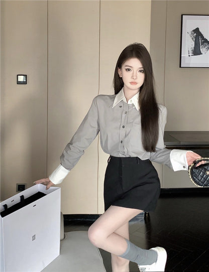 Na+ 職業往來～撞色假兩件式口袋襯衫 灰