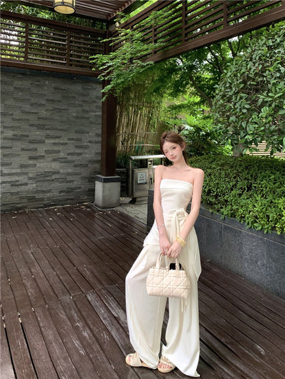 NA+ 米蘭假日 高雅抹胸側飄帶休閒褲套裝 白色