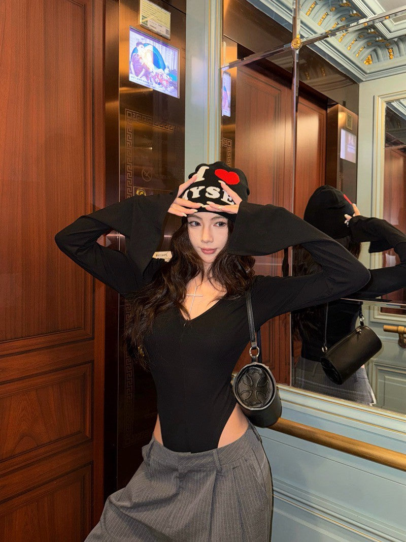 NA+ 性感歐美彈力拉鍊式連體衣 白/黑