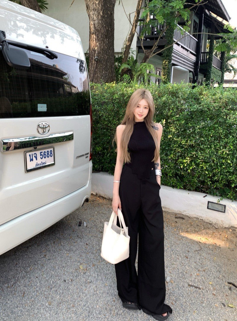 Na+ 不規則設計感針織背心 高腰通勤老錢休閒褲 黑