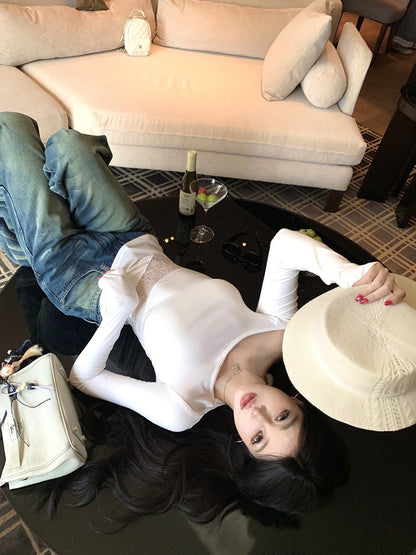 NA+ 辣妹半截縷空拼接露背綁帶上衣 白