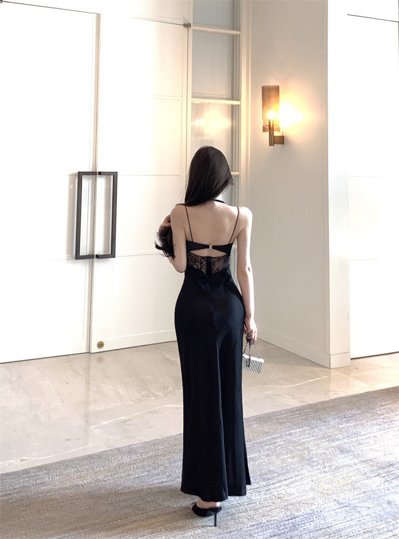 NA+ 蕾絲純欲女神 性感縷空醋酸裙 黑