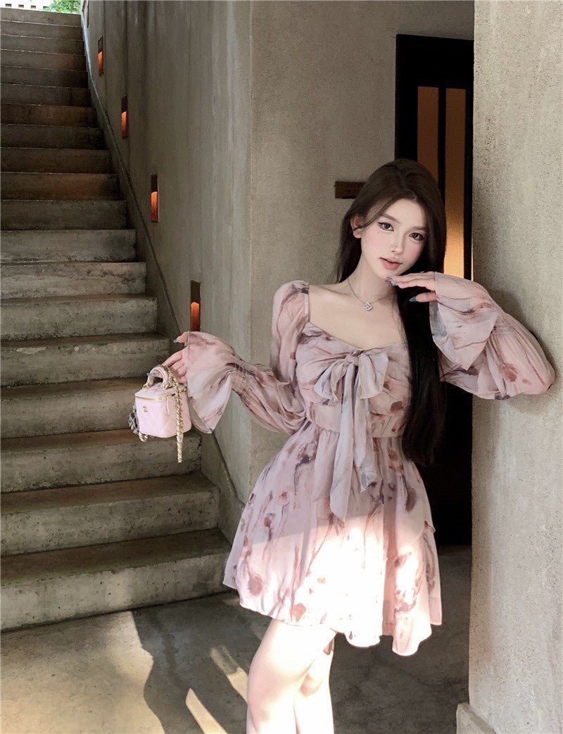 Na+ 甜美法式方領顯瘦碎花連衣裙 粉 兩款長度