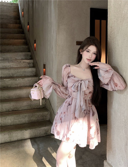 Na+ 甜美法式方領顯瘦碎花連衣裙 粉 兩款長度