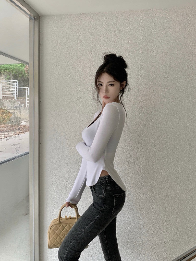 Na+ 藏不住好身材打底 U領純色圓弧上衣 白/紫/莓紅