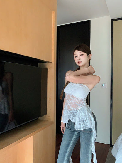 Na+ 帶胸墊半透蕾絲性感抹胸 白