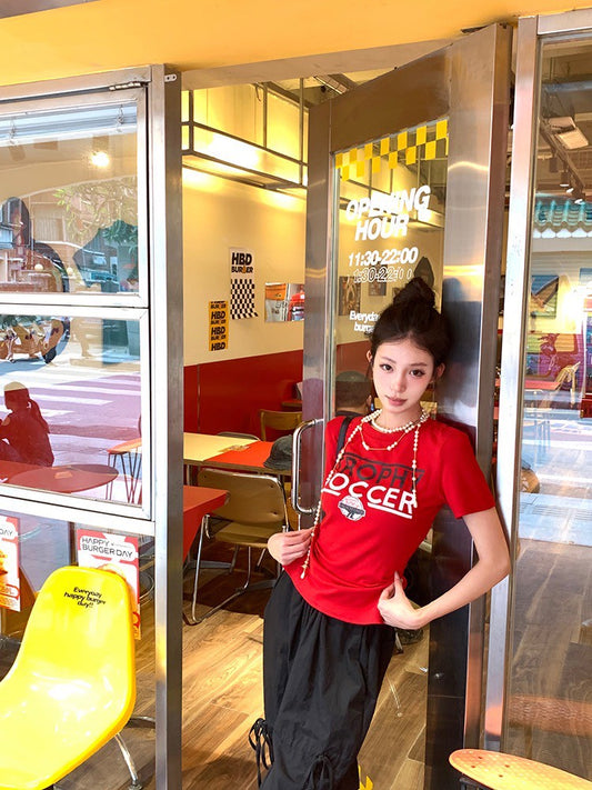 ''Na+''美式玩家 正肩後背縷空印花上衣 紅/綠