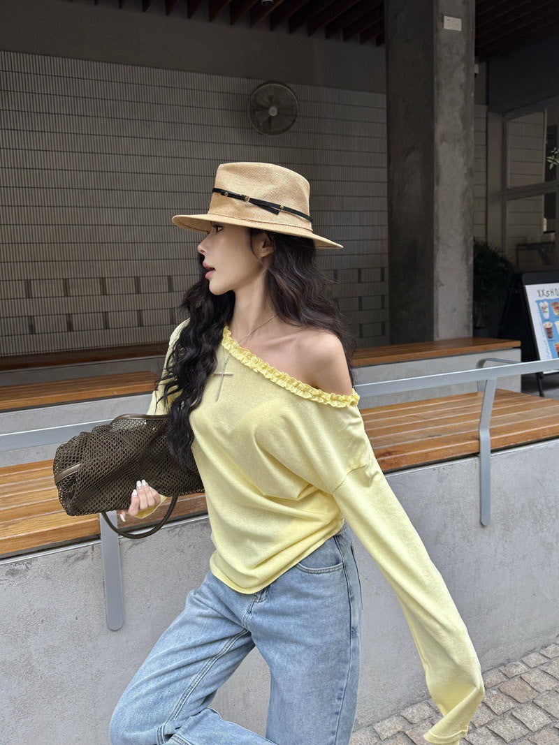 NA+ 推薦款*休閒花邊斜領寬鬆慵懶上衣 黃