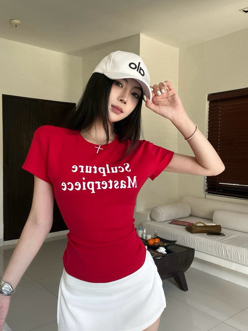 NA+ 辣妹正肩顯瘦圓領撞色字母上衣 白/紅