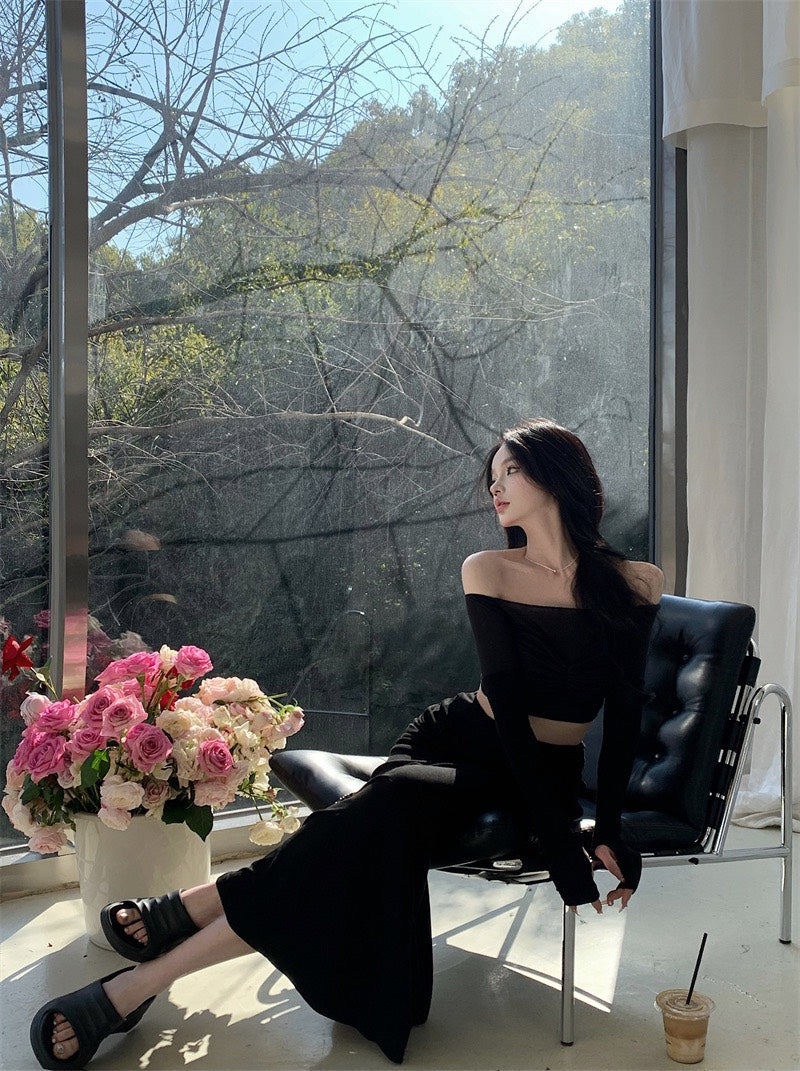 NA+ 鎏光漫步裙/透紗一字領修身上衣  黑