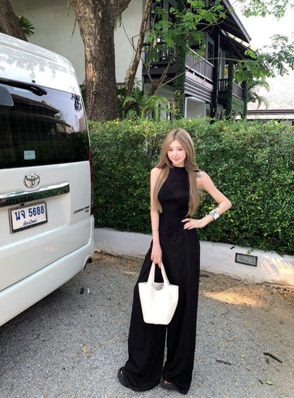 Na+ 不規則設計感針織背心 高腰通勤老錢休閒褲 黑