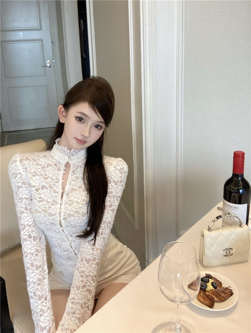 Na+ 中式立領性感顯瘦蕾絲上衣 奶白