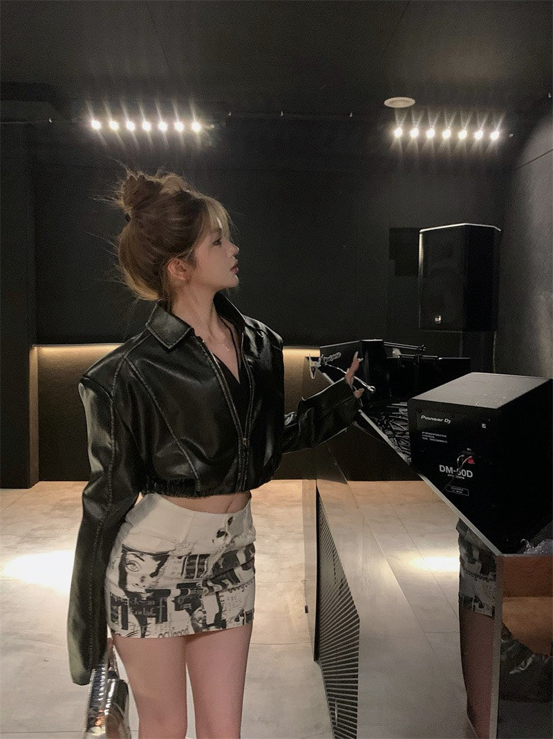 NA+ 皮衣辣妹 重磅短款復古皮外套 咖/黑