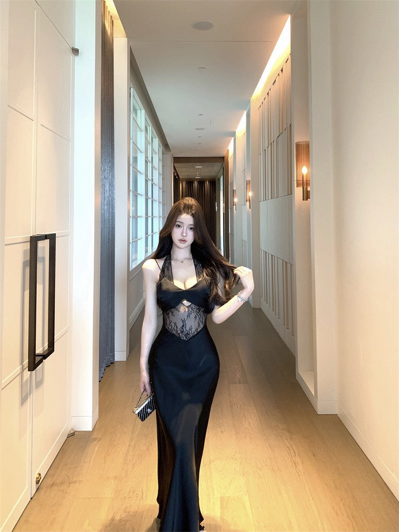 NA+ 蕾絲純欲女神 性感縷空醋酸裙 黑