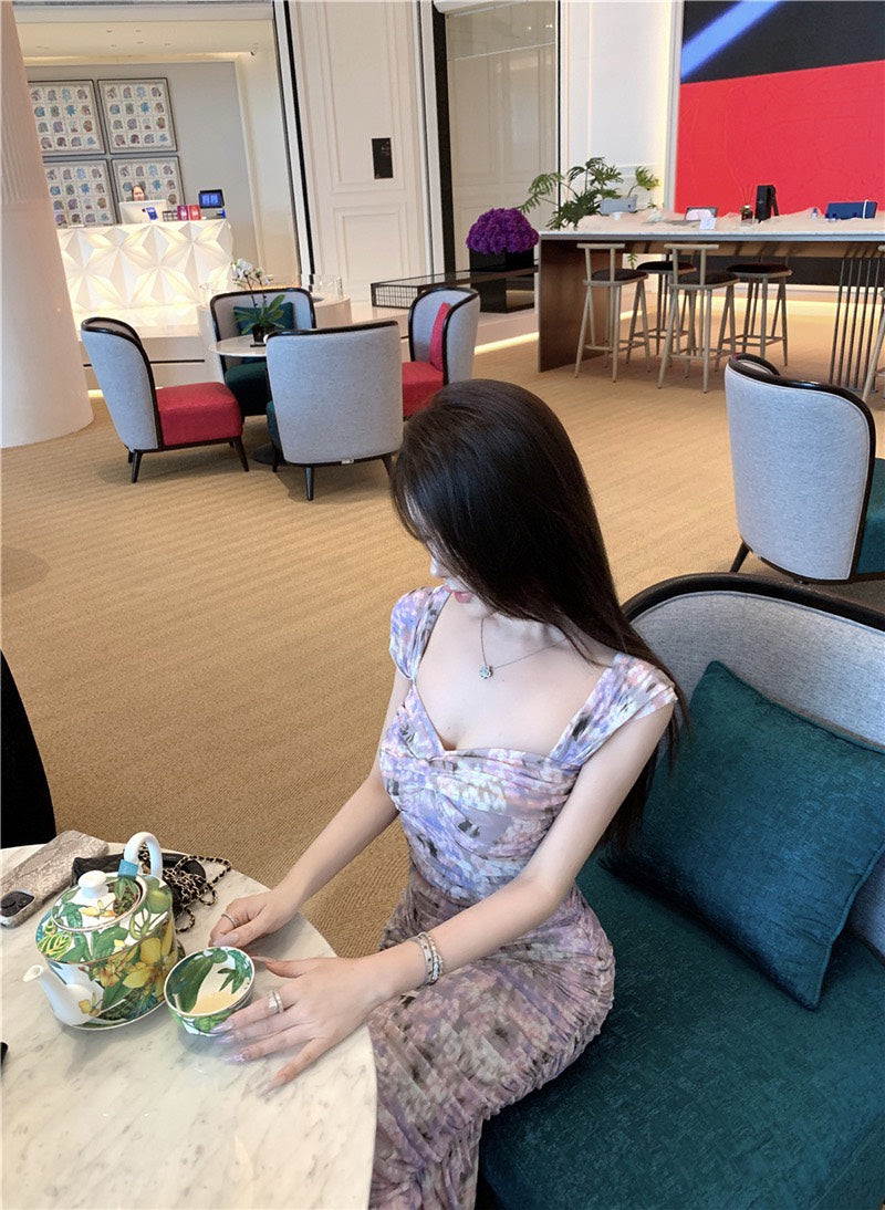 NA+ 漫野碎花極致純慾V領暈染連身裙 紫花