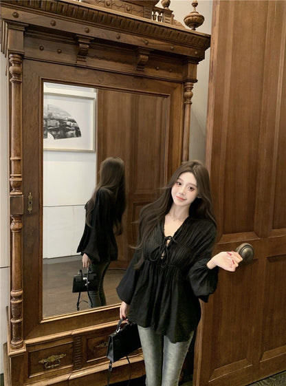 Na+ 法式氣質純色燈籠袖綁帶襯衫上衣 黑